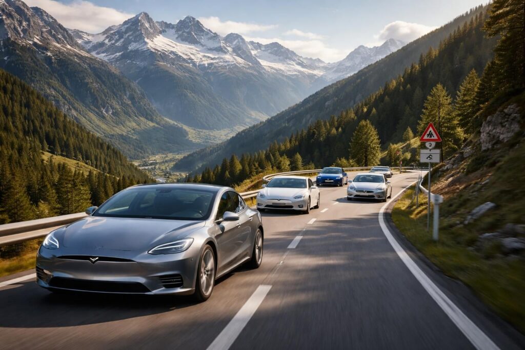 Les événements automobiles en Suisse avec les Tesla et Porsche Taycan sur les routes alpines panoramiques